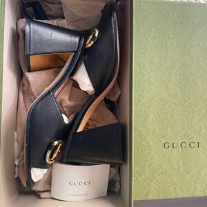 Gucci Black Leather Heeled Slides